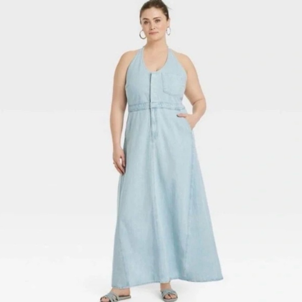 Cotton Denim Maxi Dress Halter Neck Light Wash Size 16